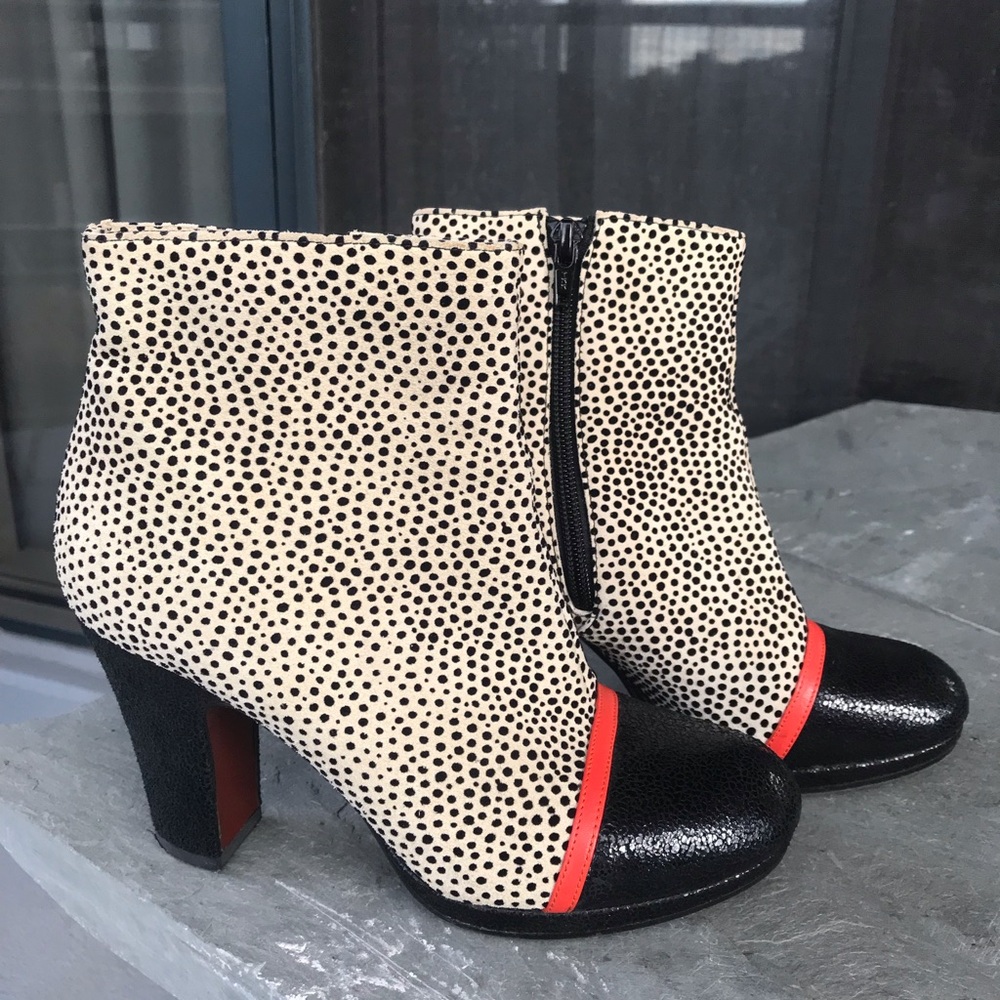 Chie Mihara Cream Polka Dot Ankle Boots with Black Cap Toe and Red Trim